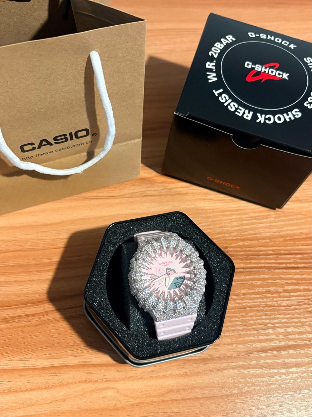 Casio G-Shock Pink Iced Out Watch With Moissanite